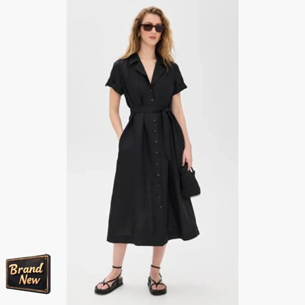 Linen Midi Shirt Dress with Button Front and Tie Waist